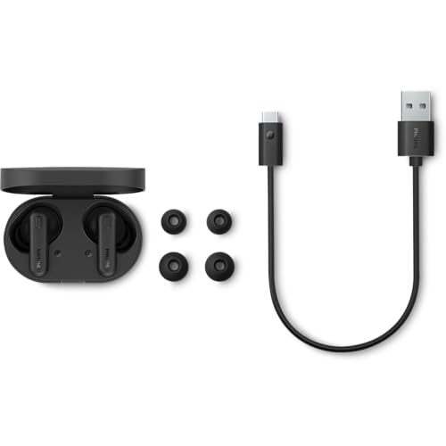 PHILIPS TAT1108 Wireless Earbuds,True Wireless Headphones,Powerful Bass with 6 mm Driver,Clear Call with AI Mic,15-Hour Battery Life,Bluetooth v5.3,IPX4 Rating,Ergonomic Design for Comfort,Black