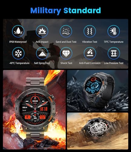 FOXBOX Smart Watch for Men Answer/Make Call for Android iOS, 400mAh Military Smartwatch Heart Rate Blood Oxygen Sleep Monitor Step Counter, 2 Straps,1.39" HD Waterproof Outdoor Smart Watches Black