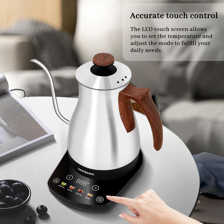 SEEDEEM Gooseneck Electric Kettle Full Touch Screen 1200W Electric Tea & Coffee Kettle with Four Heating Modes Rapid Heating,±1℉ Temperature Control,Keep Warm Mode,3.88oz Electric kettle