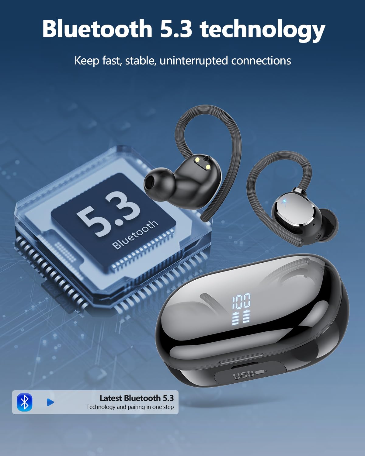 Auriculares inalámbricos deportivos con Bluetooth 5.3 y 128 horas de duración, con micrófono con cancelación de ruido ENC, estéreo de graves, resistentes al agua IP7 y con gancho para las orejas para fitness y running.