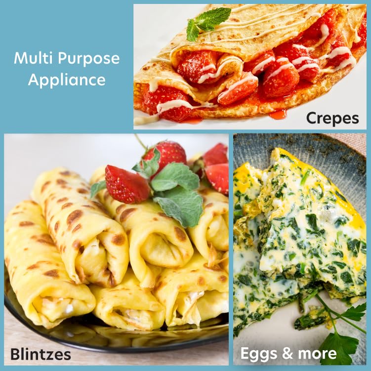 12" Griddle & Crepe Maker, Non-Stick Electric Crepe Pan w Batter Spreader & Recipe Guide- Dual Use Hot Plate for Blintzes, Eggs, Pancakes- Portable, Adjustable Temperature Settings - Breakfast Gift
