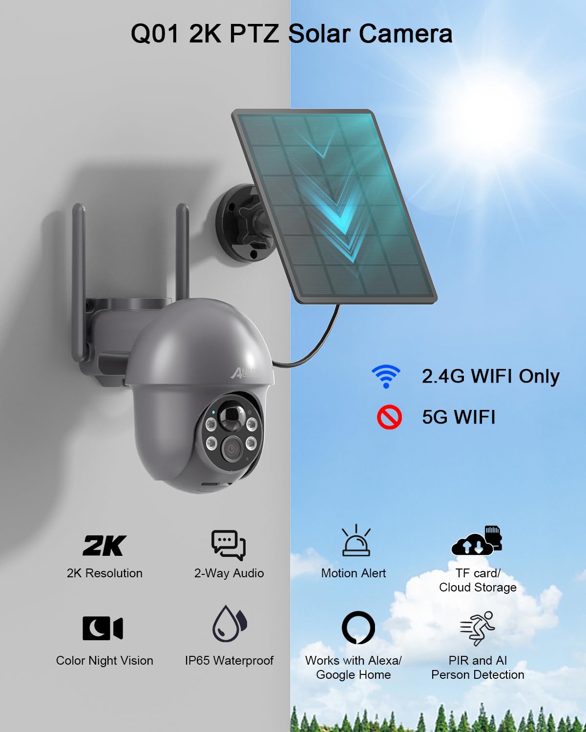 ANRAN Security Camera Wireless Outdoor with 360° View, 2K Solar Outdoor Camera with Smart Siren, Spotlights, Color Night Vision, PIR Human Detection, Pan Tilt Control, 2-Way Talk, IP65, Q1 Grey