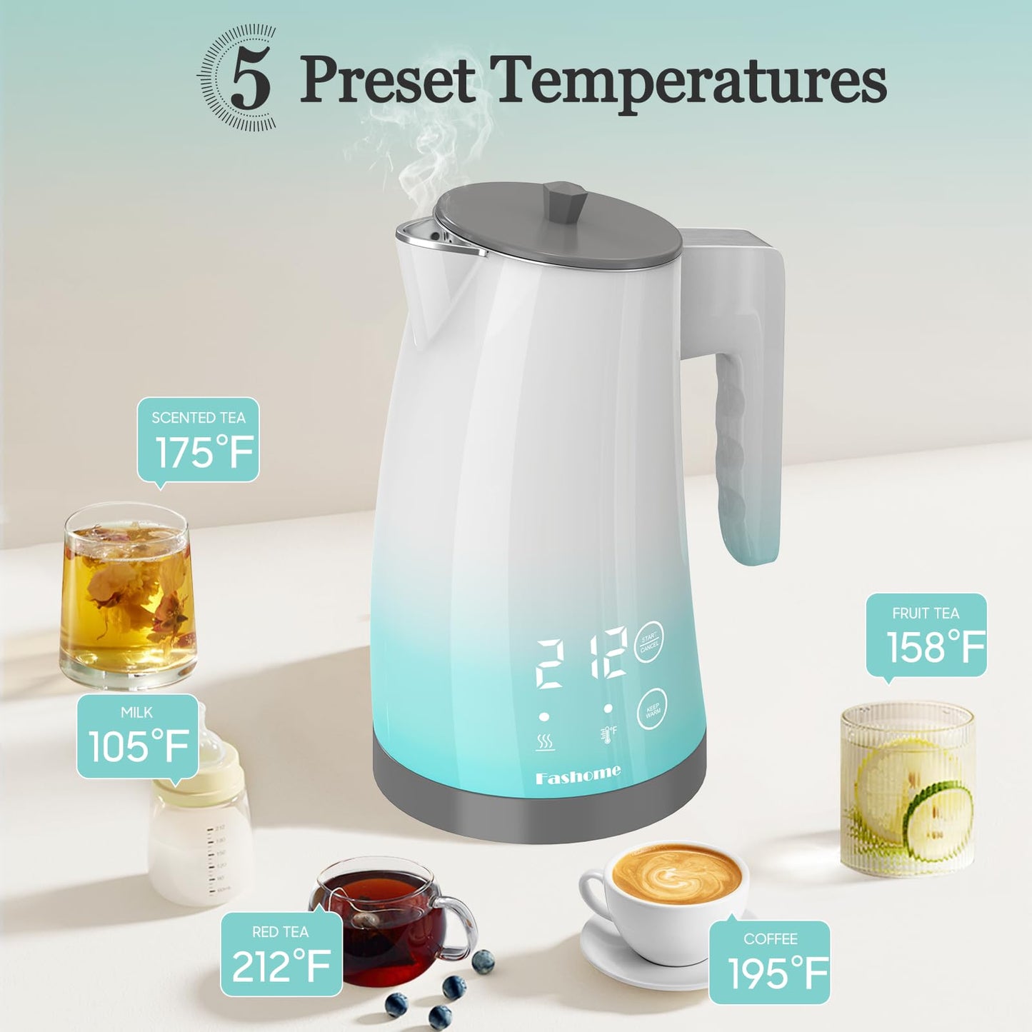 Electric Kettle Temperature Control, 304 Stainless Steel Interior, BPA-Free, Double Wall 1.25L Hot Water Boiler, 1200W Tea Kettle with Auto Shut-Off & Boil Dry Protection, Cordless Base(KCK02F)
