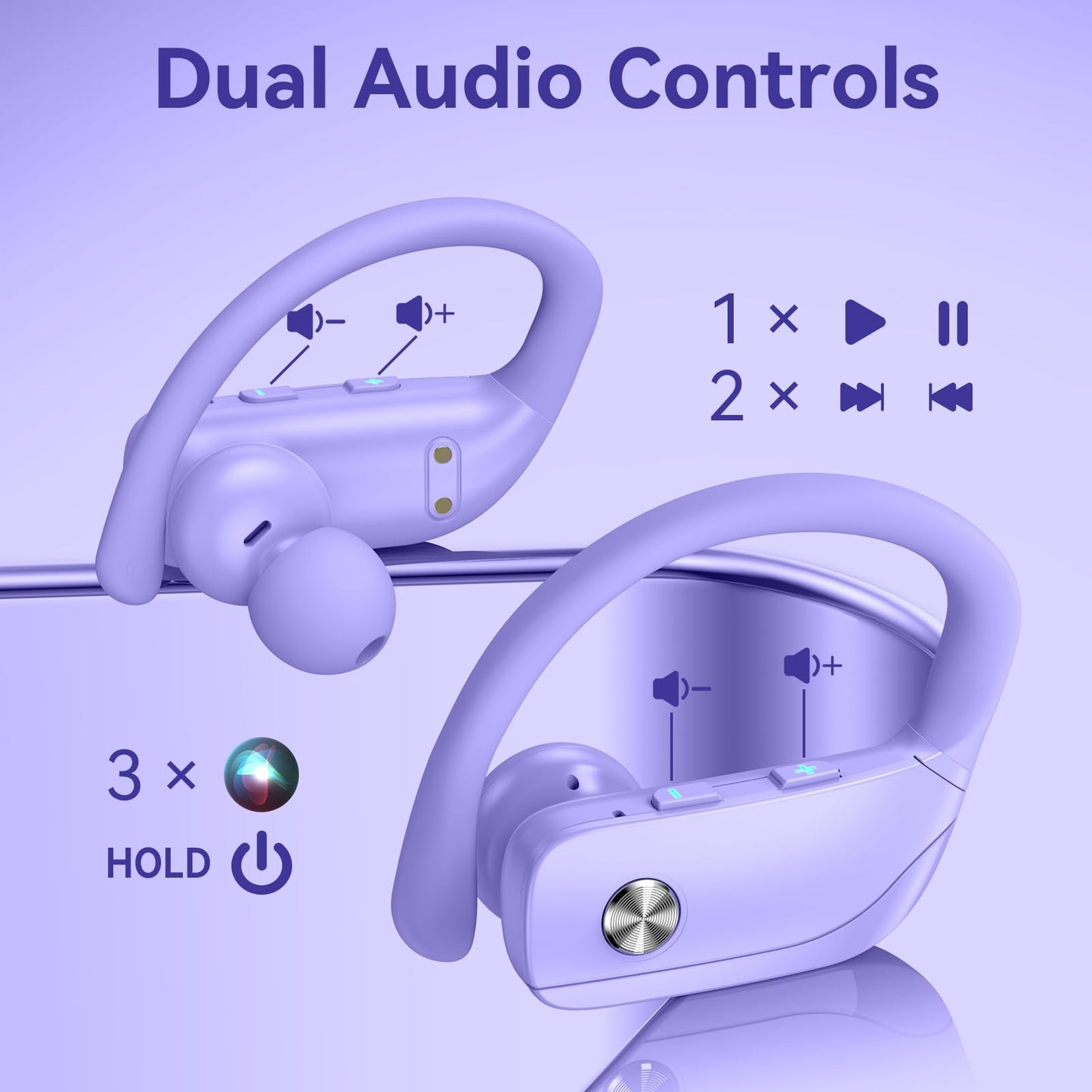 Auriculares inalámbricos bmani con Bluetooth, deportivos, con pantalla LED, ganchos para la oreja, micrófono incorporado y 48 horas de reproducción, color morado