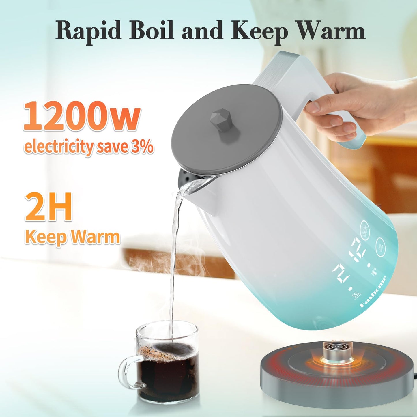Electric Kettle Temperature Control, 304 Stainless Steel Interior, BPA-Free, Double Wall 1.25L Hot Water Boiler, 1200W Tea Kettle with Auto Shut-Off & Boil Dry Protection, Cordless Base(KCK02F)