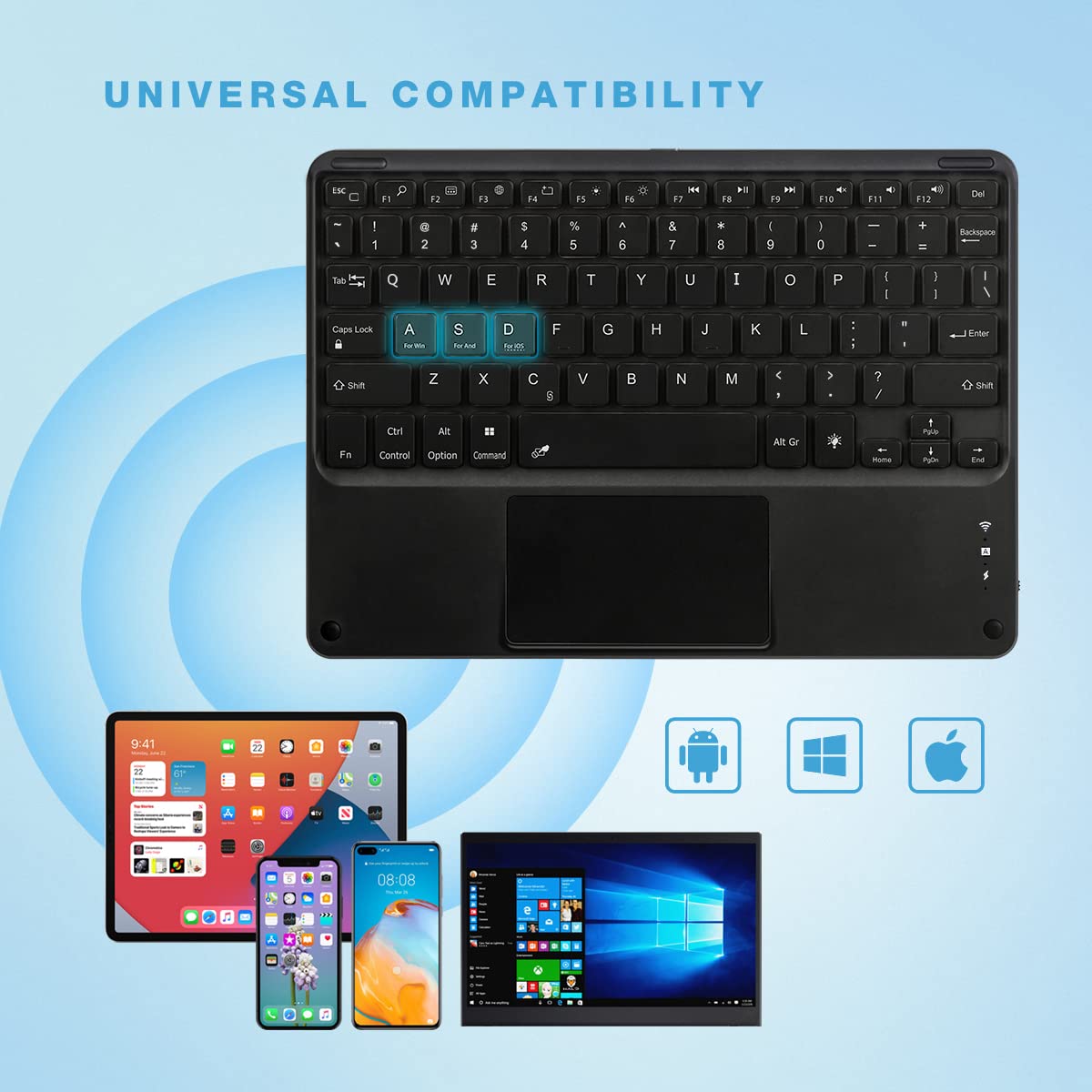 Bluetooth Keyboard with Touchpad, Compatible with iOS/Android Windows, Ultra Slim 7-Colors Backlit, Build in Trackpad Wireless Keyboard for iPhone/IPad/IPad Pro/Mac, Samsung Tablets, Laptop