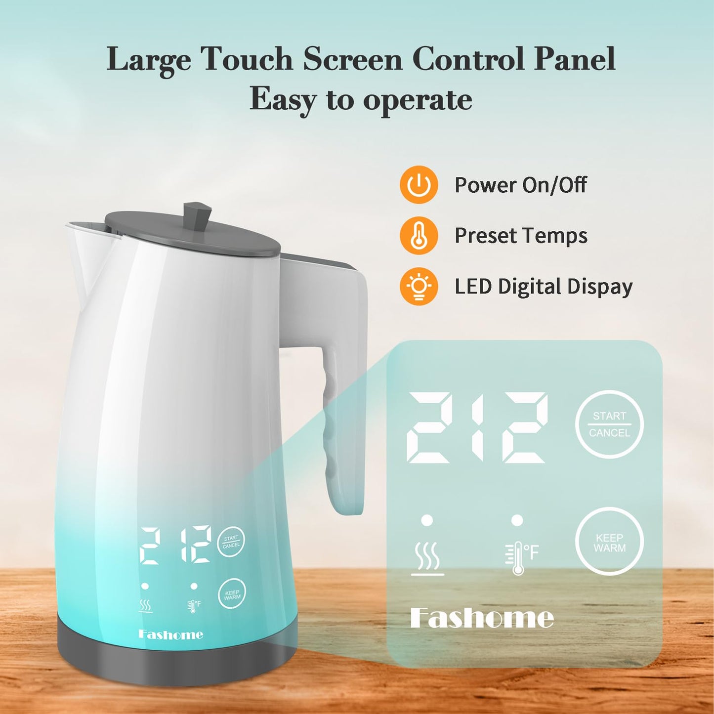 Electric Kettle Temperature Control, 304 Stainless Steel Interior, BPA-Free, Double Wall 1.25L Hot Water Boiler, 1200W Tea Kettle with Auto Shut-Off & Boil Dry Protection, Cordless Base(KCK02F)