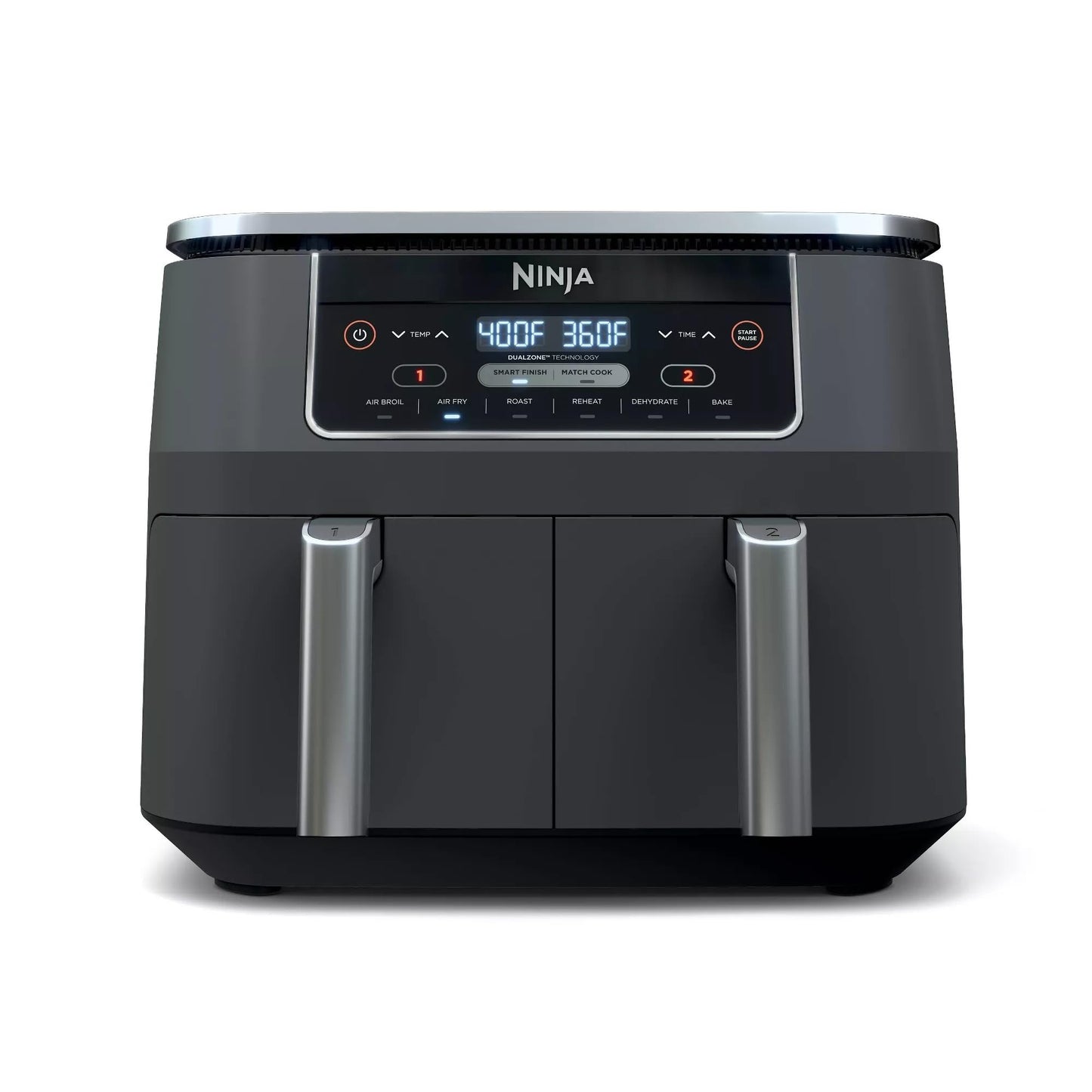 Freidora de aire Ninja DZ201 Foodi 6 en 1 de 2 cestas con tecnología DualZone, capacidad de 8 cuartos y acabado en acero inoxidable gris oscuro (renovada)