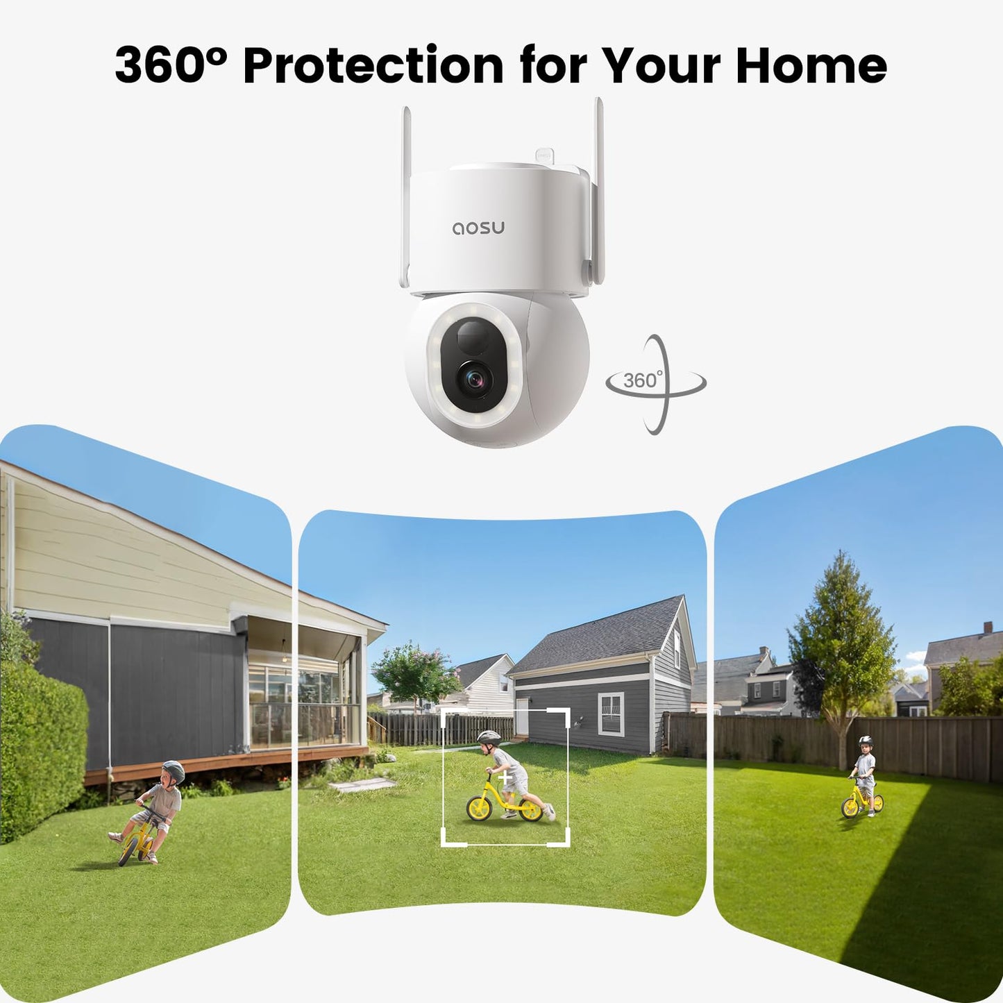 Cámaras de seguridad inalámbricas AOSU para exteriores: cámara de 3K/5 MP con energía solar, foco de 400 lúmenes, visión panorámica de 360°, visión nocturna, wifi 2.4G, seguimiento automático y detección de personas, vehículos y mascotas con IA.