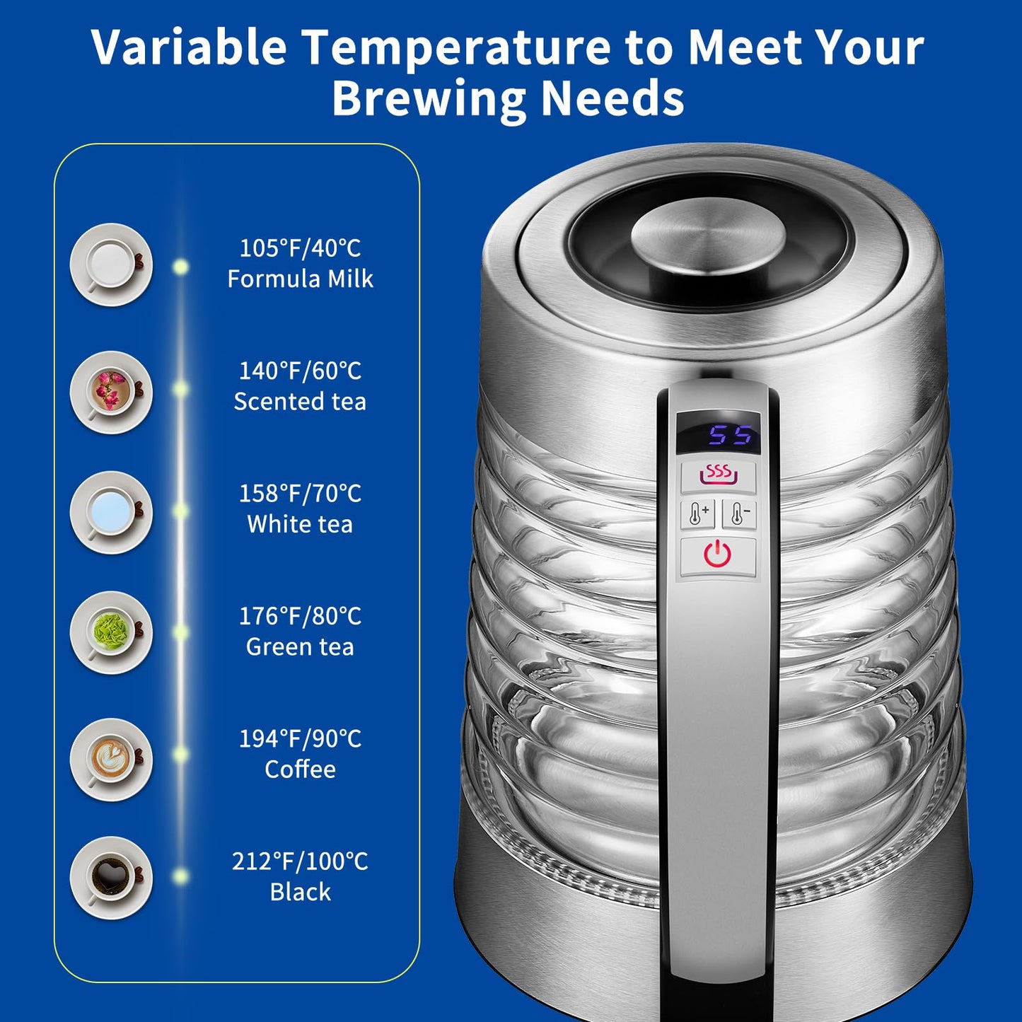NKOVE Electric Kettle, 1.8L Temperature Control Hot Water Boiler, No Plastic Contact with Water, Automatic Shutoff, Keep Warm, Cordless with LED Light for Tea Coffee