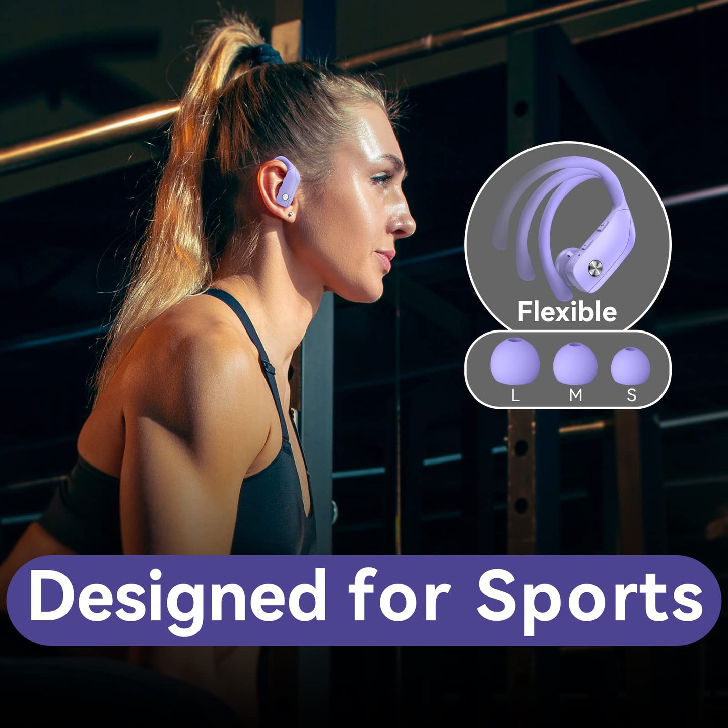 Auriculares inalámbricos bmani con Bluetooth, deportivos, con pantalla LED, ganchos para la oreja, micrófono incorporado y 48 horas de reproducción, color morado