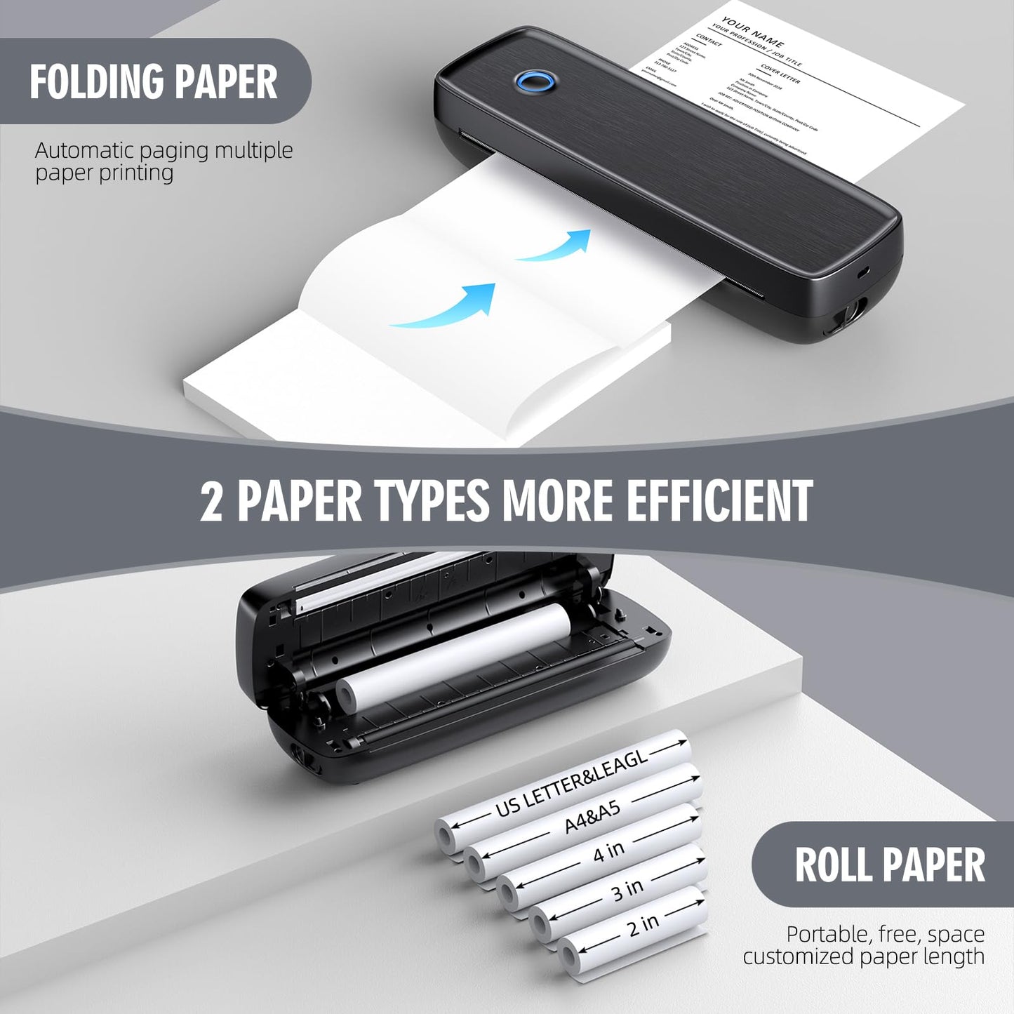 Impresora portátil inalámbrica para viajes, compatible con Bluetooth, térmica, 8,5 x 11 pulgadas, tamaño carta y legal (EE. UU.), papel térmico A4 y A5, sin tinta, compatible con iOS, Android y portátiles, para oficina, coche y hogar.