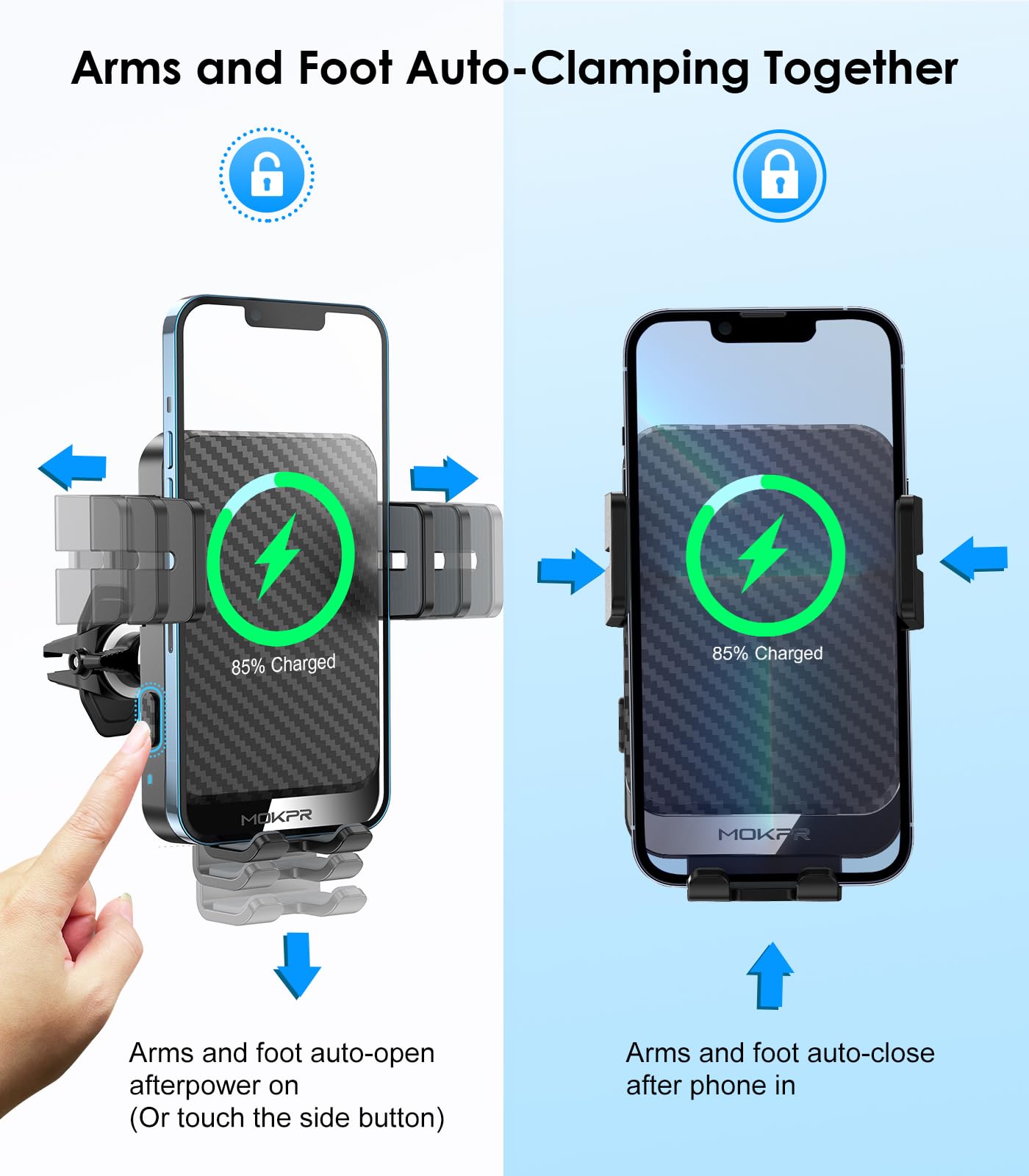 Cargador inalámbrico para coche MOKPR de 15 W, carga rápida, sujeción automática, soporte para teléfono en la rejilla de ventilación, compatible con iPhone 16/15/14/13/13 Pro/12 Pro/12/11, Samsung Galaxy S23/S22/S21/S20, etc.