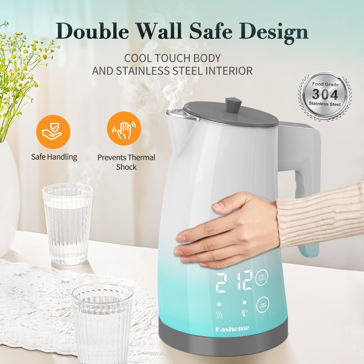 Electric Kettle Temperature Control, 304 Stainless Steel Interior, BPA-Free, Double Wall 1.25L Hot Water Boiler, 1200W Tea Kettle with Auto Shut-Off & Boil Dry Protection, Cordless Base(KCK02F)
