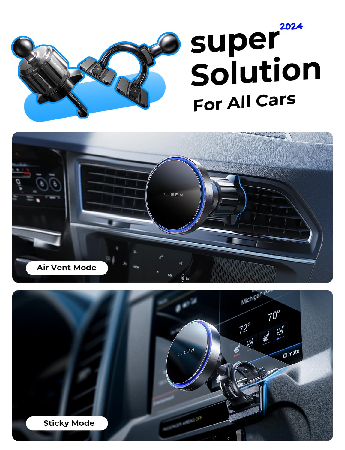LISEN for 15W MagSafe Car Mount Charger,iPhone Magnetic Wireless Car Charger for iPhone 16 Pro Max Accessories,Car Phone Holder For iPhone 16e 15 14 13 12,Samsung with MagSafe Case,Gifts for Men Women