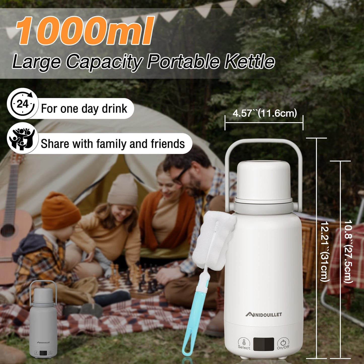 Travel Electric Kettle, 1L/35oz Portable Electric Kettle with Temperature Control, Hot Water Boiler Bottle for Tea Coffee, 304 Stainless Steel, Gift for Family Friend