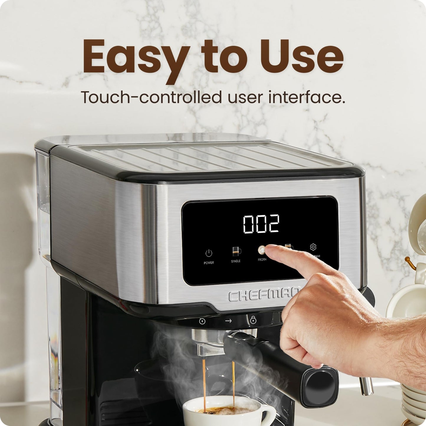 Chefman CraftBrew Espresso Machine, 15 Bar Pump Digital Coffee Maker with Steam Rod for Lattes and Cappuccino, Compact with 1.8L Removable Water Tank - Stainless Steel