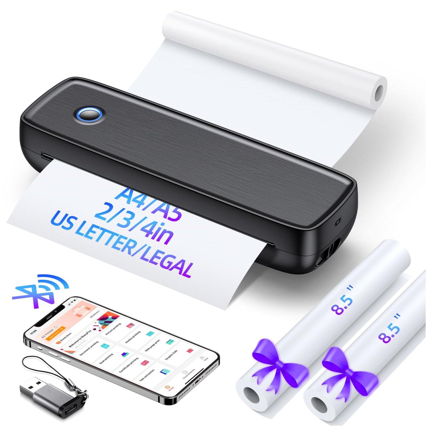 Impresora portátil inalámbrica para viajes, compatible con Bluetooth, térmica, 8,5 x 11 pulgadas, tamaño carta y legal (EE. UU.), papel térmico A4 y A5, sin tinta, compatible con iOS, Android y portátiles, para oficina, coche y hogar.