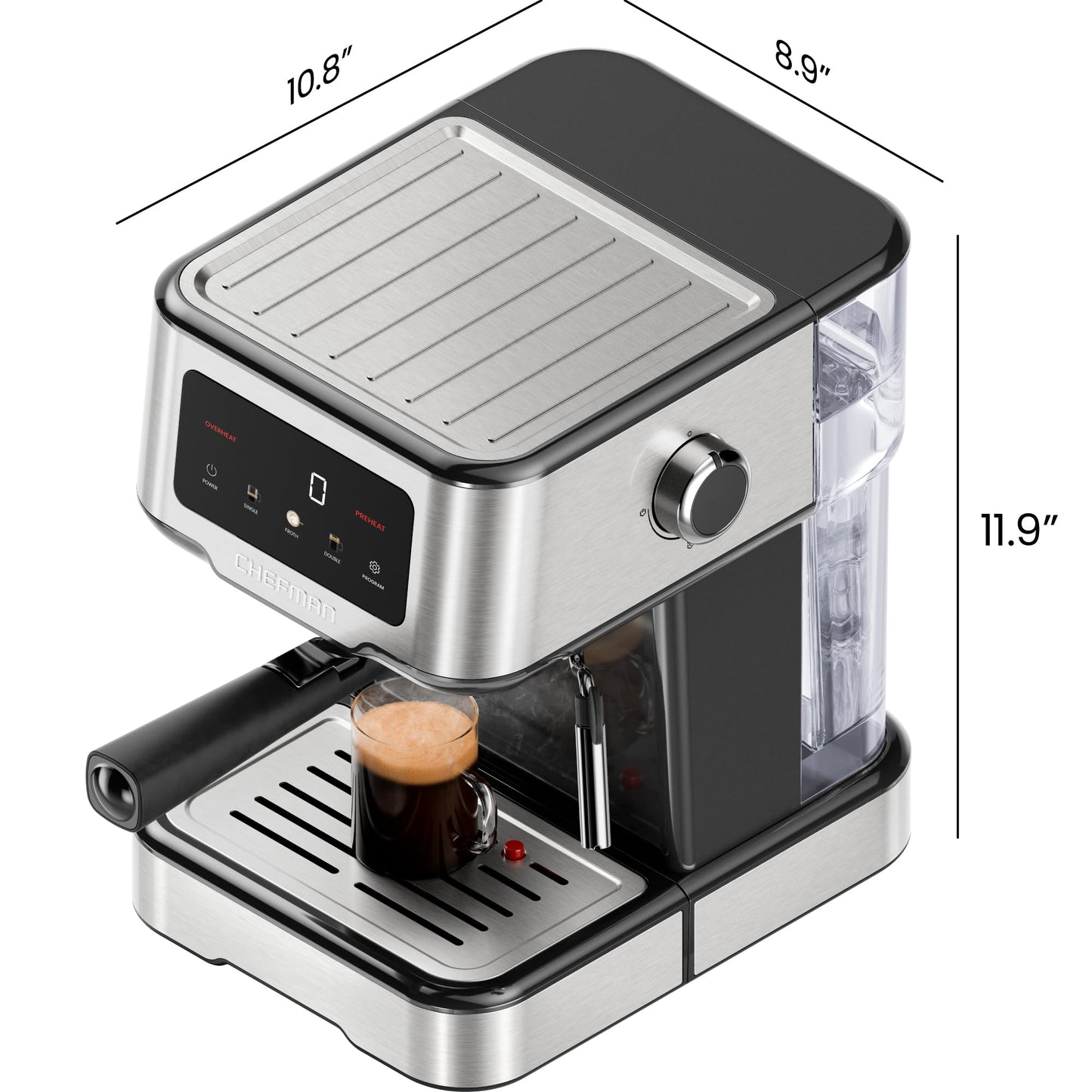 Chefman CraftBrew Espresso Machine, 15 Bar Pump Digital Coffee Maker with Steam Rod for Lattes and Cappuccino, Compact with 1.8L Removable Water Tank - Stainless Steel