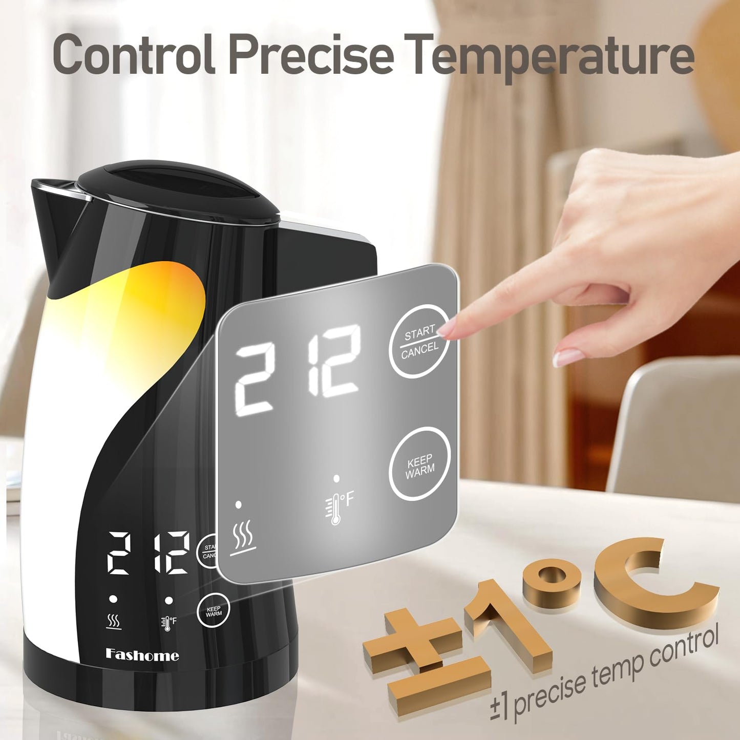 Fashome Electric Kettle, 5 Temperature Presets, 304 Stainless Steel Interior, Keep Warm, Auto Shut-Off, 1200W, Cool-Touch, 360° Rotating Base, Digital Display, Cute Penguin Design, Black, 1.25L