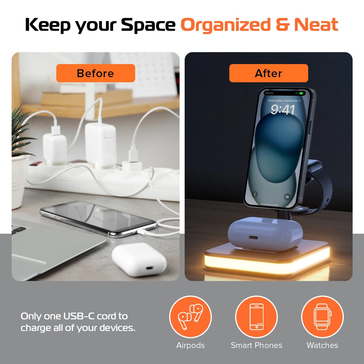 Spracht Flex Charge 4, 4-in-1 Wireless Charging Stand | 25W Fast Charger, Magnetic Connection -Works for Smartphone, Watch, Ear Buds, Qi-Enabled Devices | Nightlight, Magnetic Charging Stand (Black)