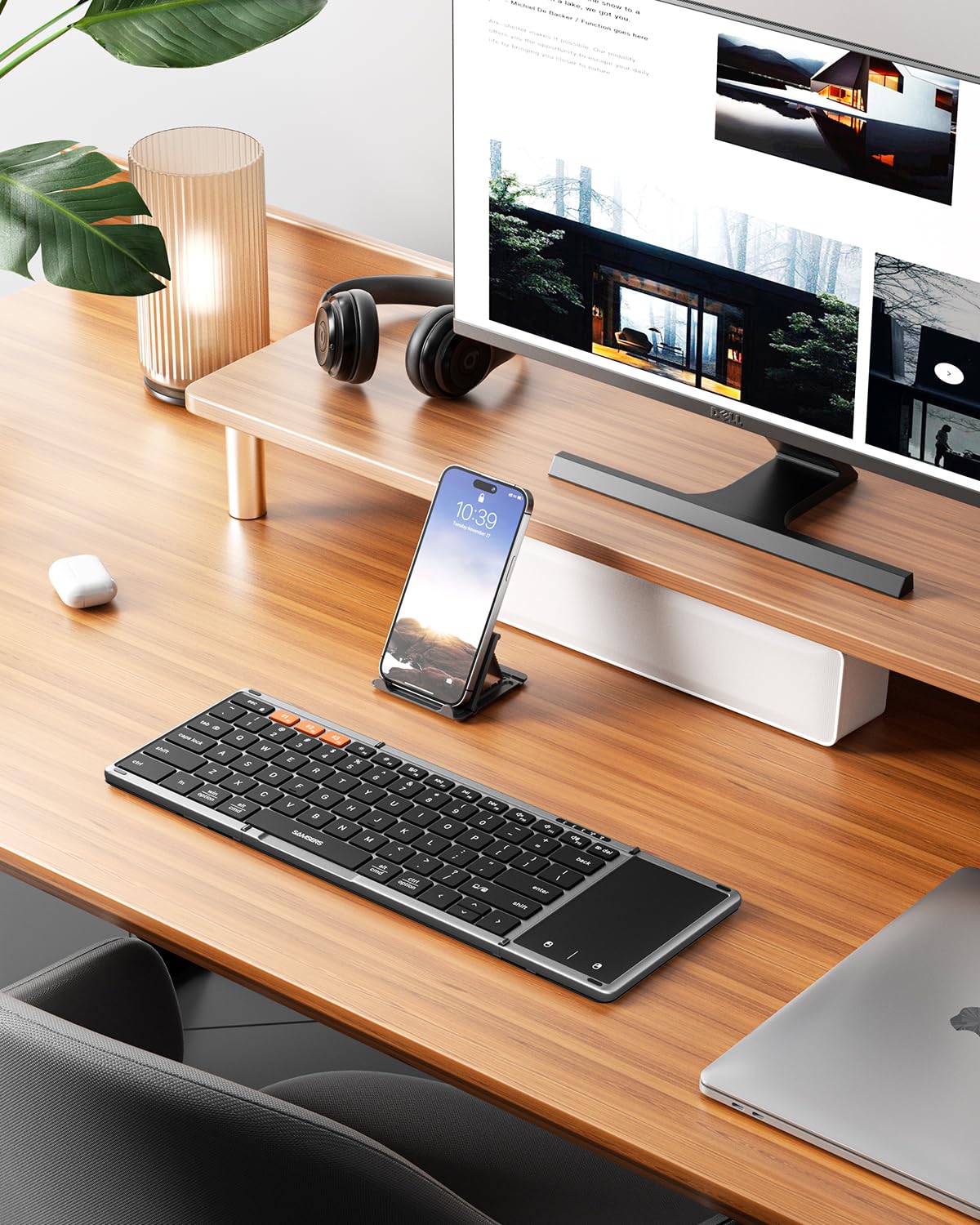 Teclado Bluetooth plegable Samsers con panel táctil, teclado inalámbrico plegable de tamaño completo con cuero sintético, teclado de viaje portátil para iOS, Android, Windows y Mac OS, compatible con 3 dispositivos (BT5.1 x 3)
