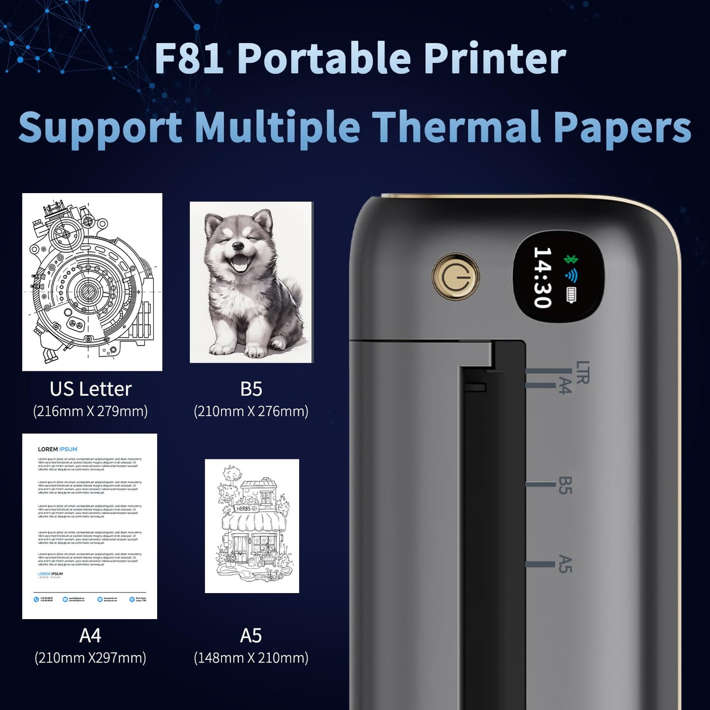 Rongta Portable Printers Wireless for Travel, WiFi & Bluetooth Mobile Printer, Thermal Inkless Printer for School/Office/Home Use, Compatible with Android,iOS & Laptop (F81)