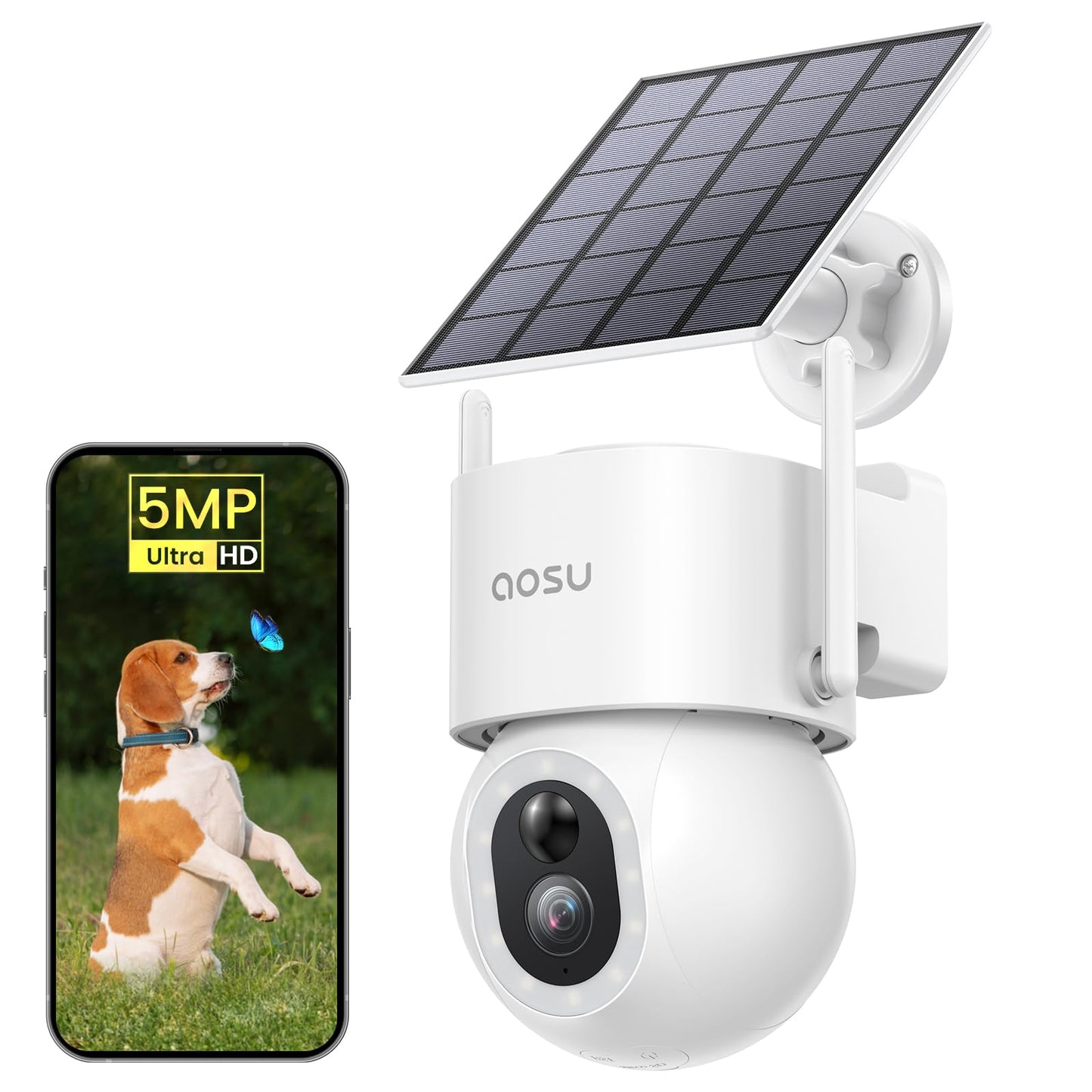 Cámaras de seguridad inalámbricas AOSU para exteriores: cámara de 3K/5 MP con energía solar, foco de 400 lúmenes, visión panorámica de 360°, visión nocturna, wifi 2.4G, seguimiento automático y detección de personas, vehículos y mascotas con IA.