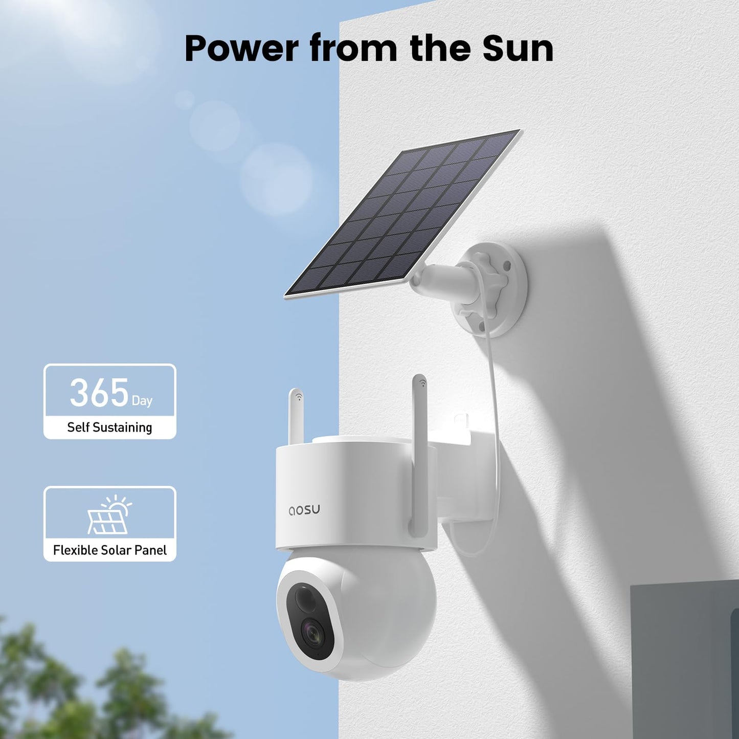 Cámaras de seguridad inalámbricas AOSU para exteriores: cámara de 3K/5 MP con energía solar, foco de 400 lúmenes, visión panorámica de 360°, visión nocturna, wifi 2.4G, seguimiento automático y detección de personas, vehículos y mascotas con IA.