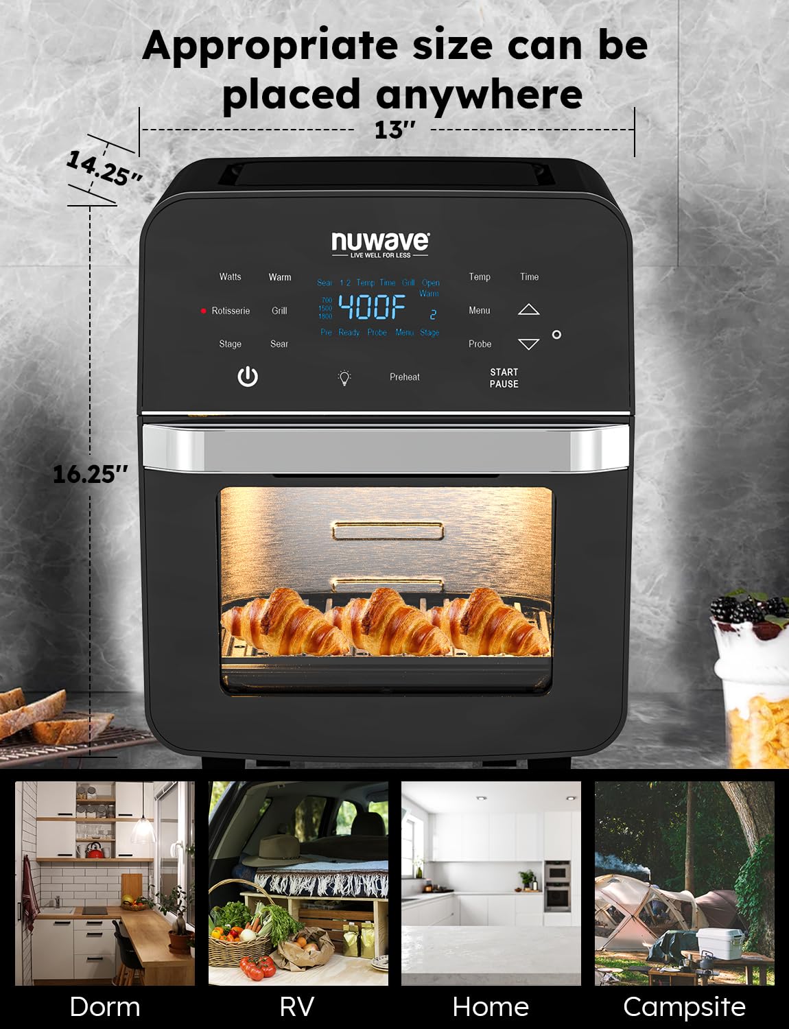 Nuwave Brio Air Fryer Oven, 15.5Qt X-Large Family Size, SS Rotisserie Basket &Skewer-Kit, Reversible Ultra Non-Stick Grill/Griddle Plate, Powerful 1800W, Integrated Smart Thermometer,Black