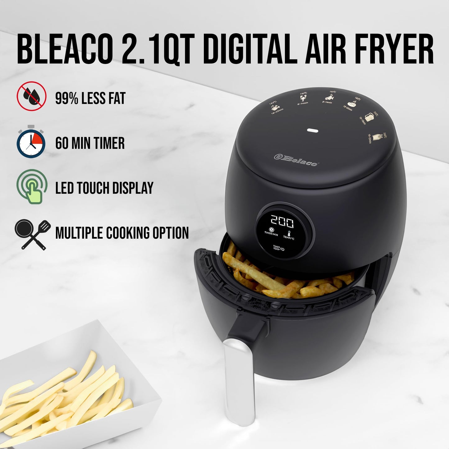 Belaco Air Fryer, 2.1Qt Digital Display, Rapid Air Circulation, Air Fryers, 60 Min Timer, Small Air Fryer, Adjustable Temperature, Dishwasher Safe Basket BEL-AF-02