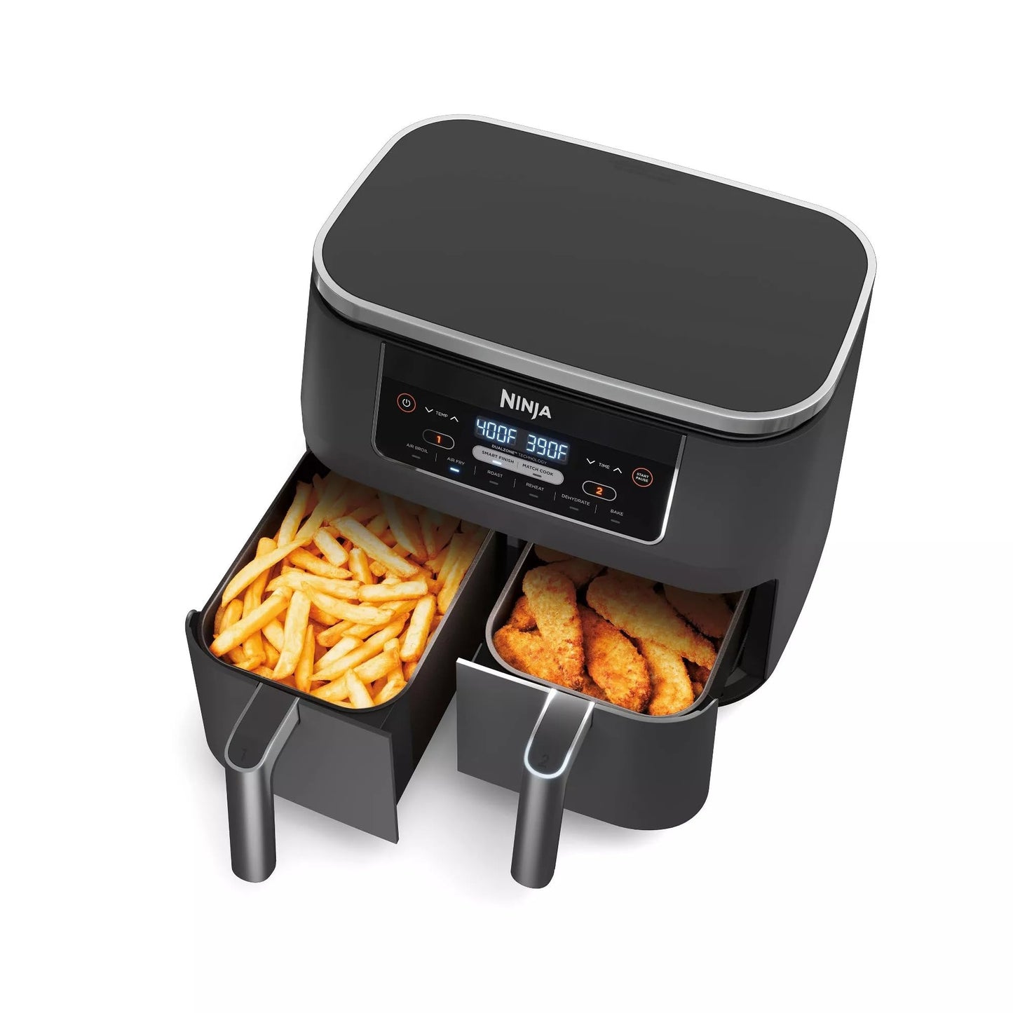 Freidora de aire Ninja DZ201 Foodi 6 en 1 de 2 cestas con tecnología DualZone, capacidad de 8 cuartos y acabado en acero inoxidable gris oscuro (renovada)
