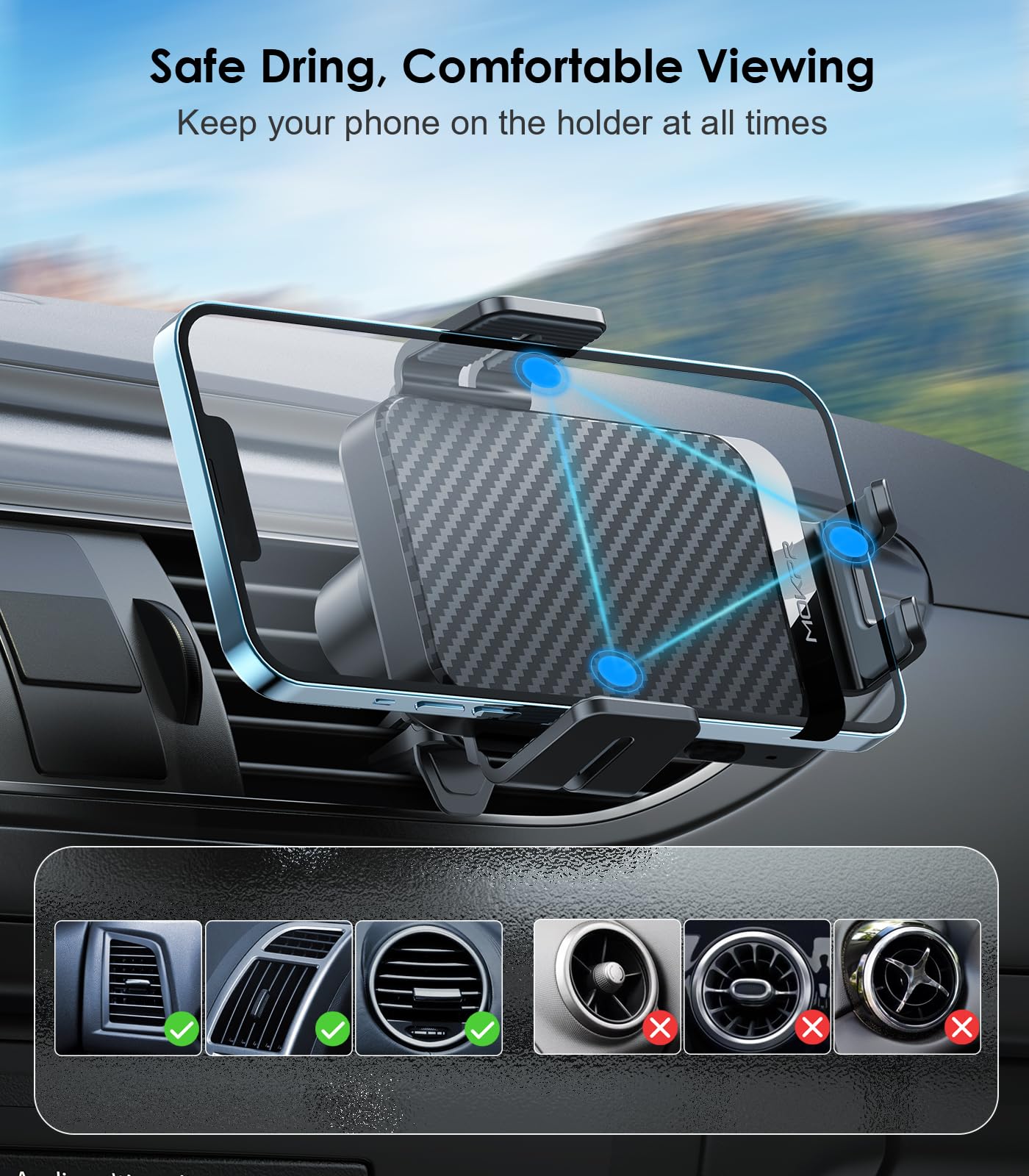 Cargador inalámbrico para coche MOKPR de 15 W, carga rápida, sujeción automática, soporte para teléfono en la rejilla de ventilación, compatible con iPhone 16/15/14/13/13 Pro/12 Pro/12/11, Samsung Galaxy S23/S22/S21/S20, etc.