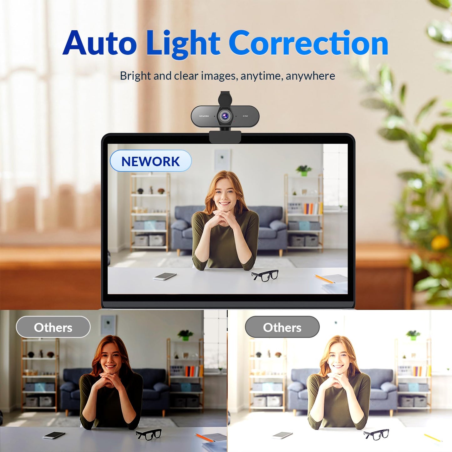 NEWORK 4k Webcam, UHD Webcam 1080P@60FPS, PDAF+CDAF Autofocus, Privacy Cover, Plug&Play, Auto Light Correction, 79°FOV, 2 Noise-Cancelling Mics, Computer Camera 4k for Streaming/Video Calling/Gaming