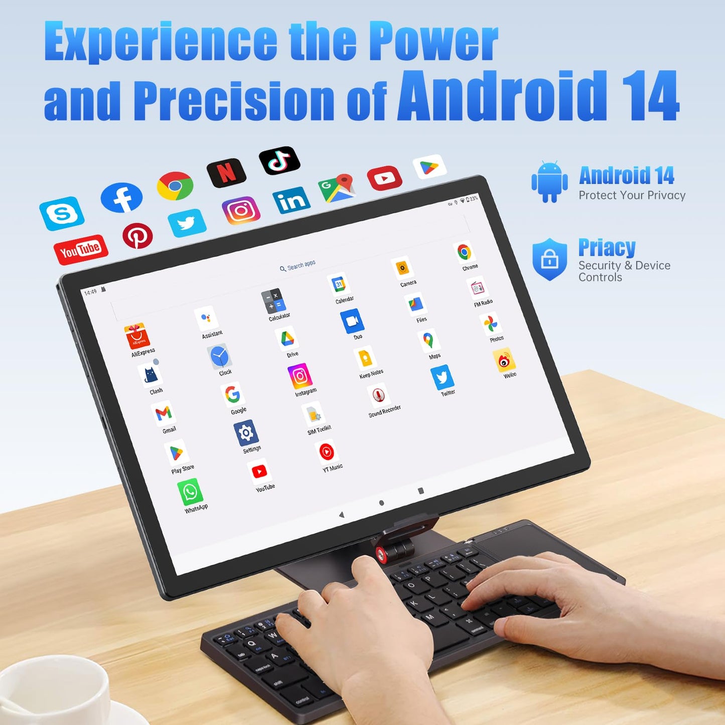 Tableta MESWAO Android 14 de 14 pulgadas, tableta grande 2025 mejorada con pantalla IPS WUXGA de 1200P, procesador de 8 núcleos, CPU G99, 6 GB + 128 GB, tarjeta TF de 1 TB como máximo, Wi-Fi 5, 5 MP + 32 MP, batería de 12000 mAh que dura todo el día.