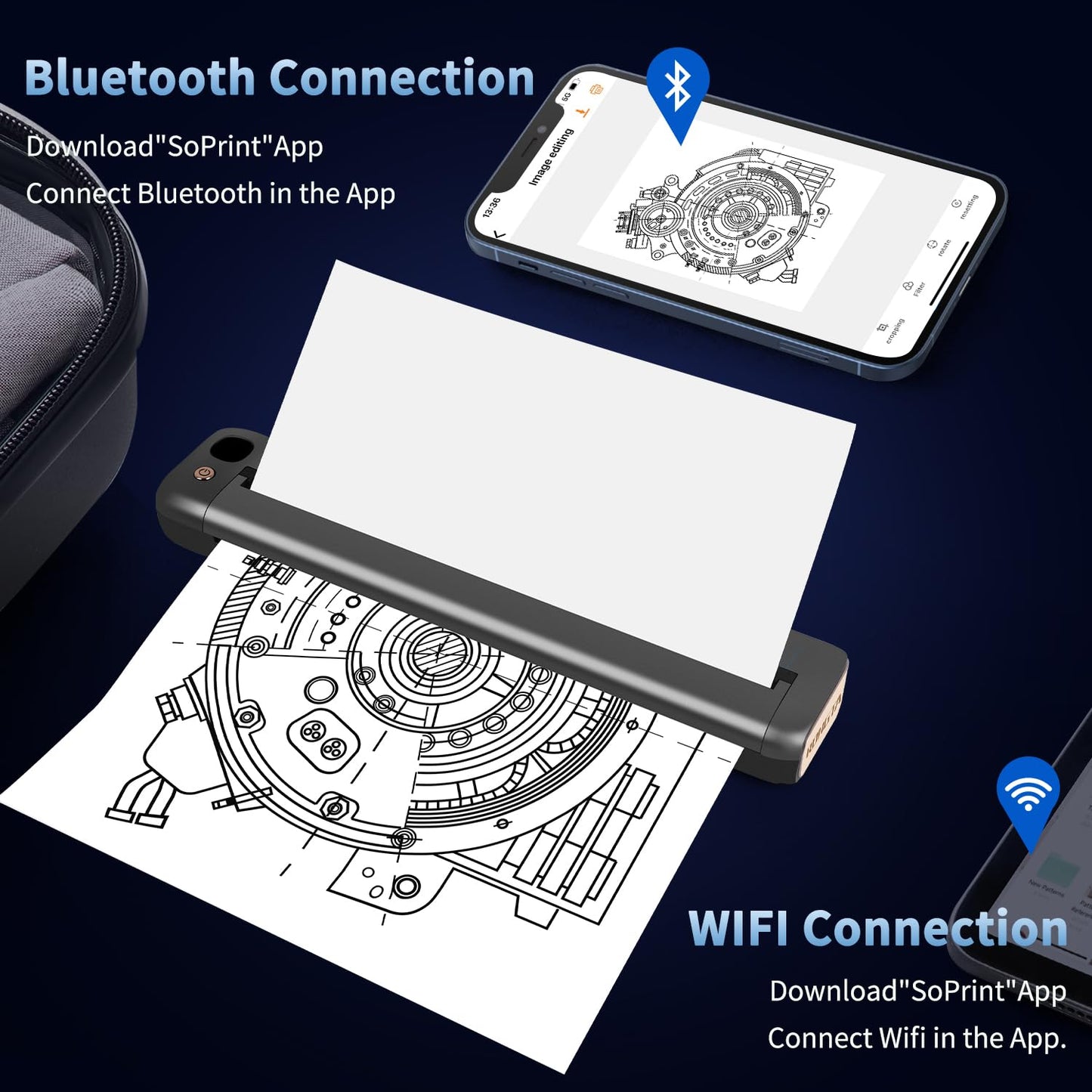 Rongta Portable Printers Wireless for Travel, WiFi & Bluetooth Mobile Printer, Thermal Inkless Printer for School/Office/Home Use, Compatible with Android,iOS & Laptop (F81)