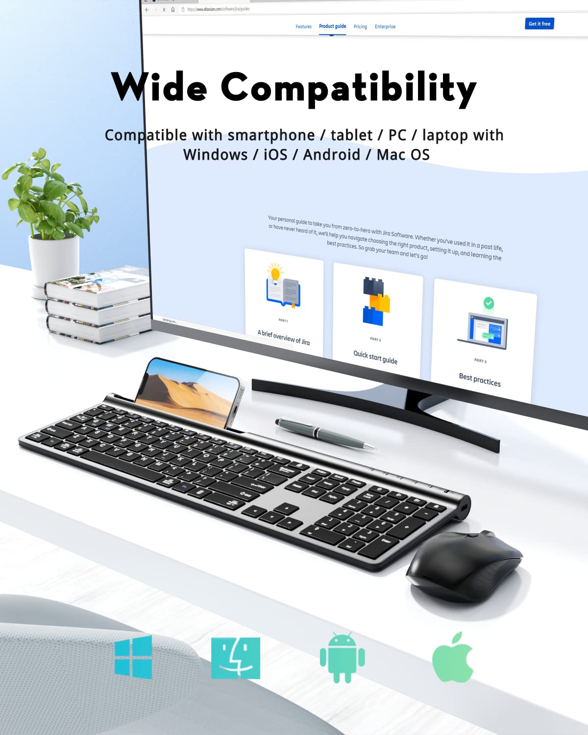 Combo de teclado y mouse inalámbricos Samsers, ultradelgados, recargables, de modo dual (Bluetooth 5.0x2 + 2.4G), silenciosos, diseño compacto de tamaño completo para múltiples dispositivos, compatible con MacOS/iOS/Android/Windows.