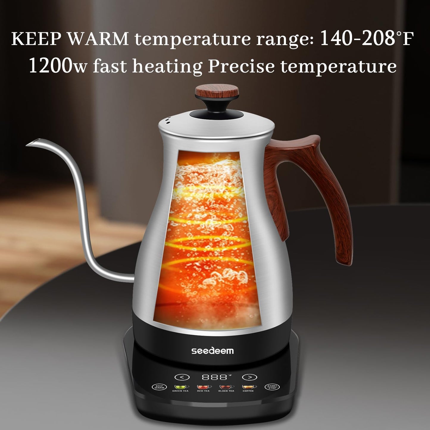 SEEDEEM Gooseneck Electric Kettle Full Touch Screen 1200W Electric Tea & Coffee Kettle with Four Heating Modes Rapid Heating,±1℉ Temperature Control,Keep Warm Mode,3.88oz Electric kettle