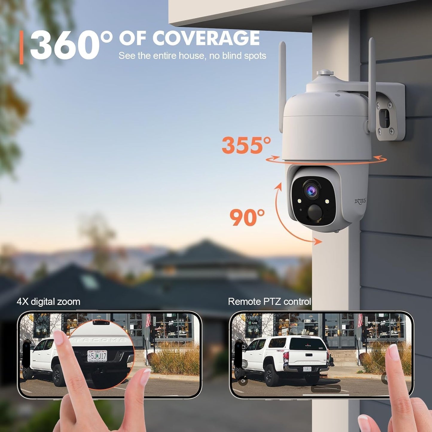 Dzees Solar Security Cameras Wireless Outdoor, 2K Battery Powered Security Camera, 360° PTZ Camera with Spotlight, Siren, Color Night Vision, AI Dectection, IP66 for Home Security, 2.4GHz 2-Pack