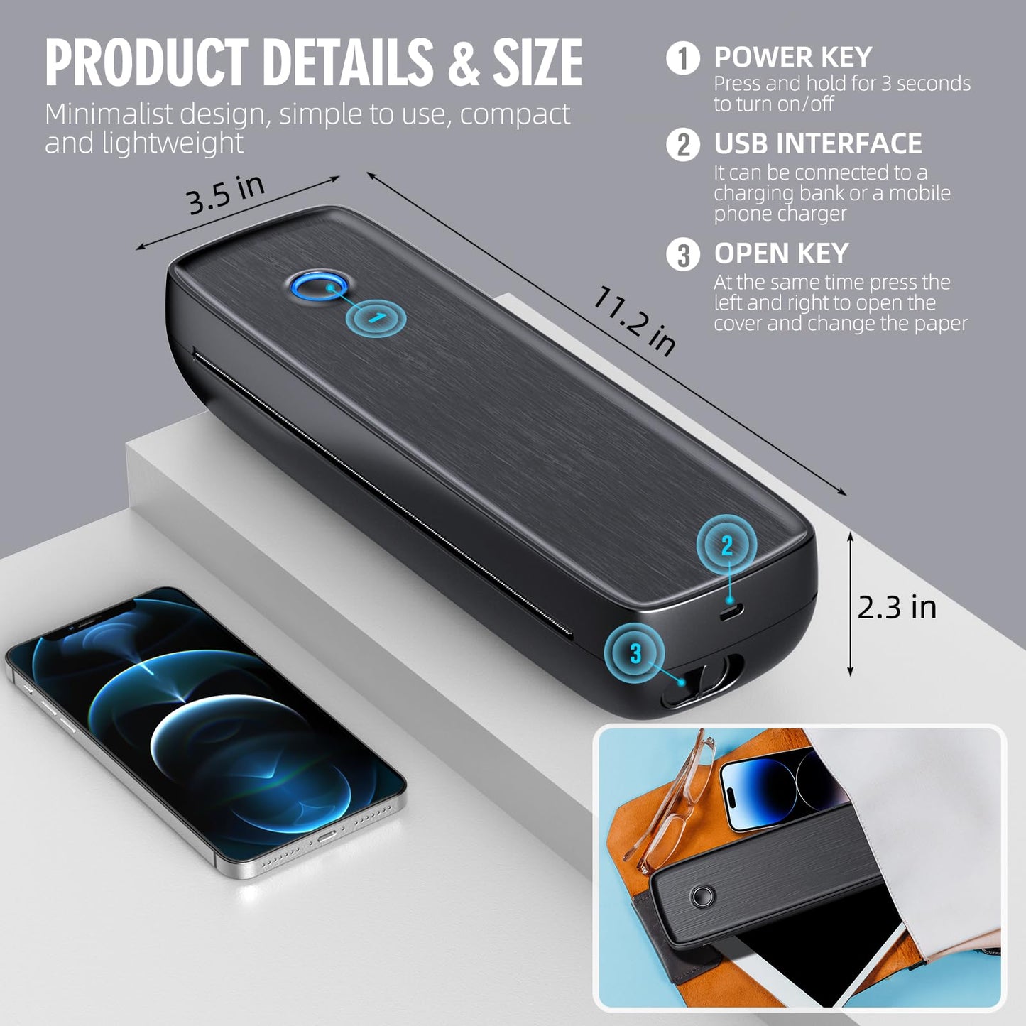 Impresora portátil inalámbrica para viajes, compatible con Bluetooth, térmica, 8,5 x 11 pulgadas, tamaño carta y legal (EE. UU.), papel térmico A4 y A5, sin tinta, compatible con iOS, Android y portátiles, para oficina, coche y hogar.