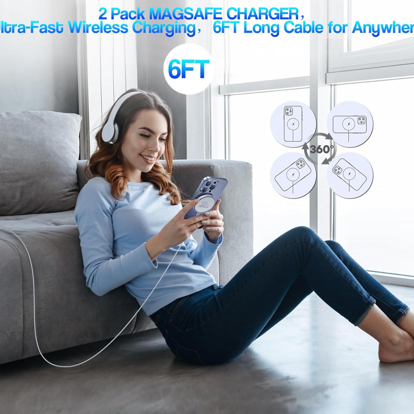 Cargador inalámbrico magnético para iPhone 16/15, paquete de 2, 1,8 m, 15 W, Apple Fast Mag-Safe, con adaptador de bloque de carga rápida USB C de 20 W para iPhone 16/16 Pro/Pro Max/15/14/13/Plus/Pro/Pro Max, AirPods 3/2/Pro 2