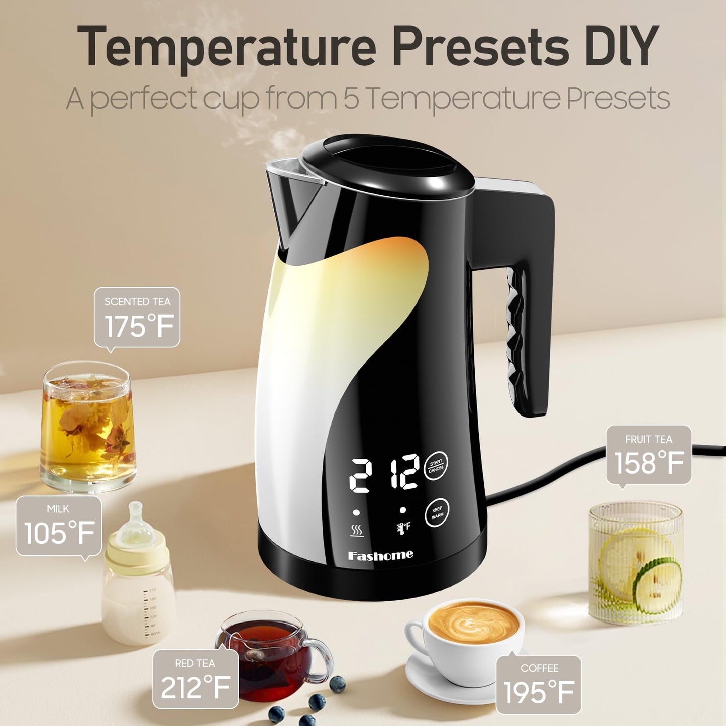 Fashome Electric Kettle, 5 Temperature Presets, 304 Stainless Steel Interior, Keep Warm, Auto Shut-Off, 1200W, Cool-Touch, 360° Rotating Base, Digital Display, Cute Penguin Design, Black, 1.25L