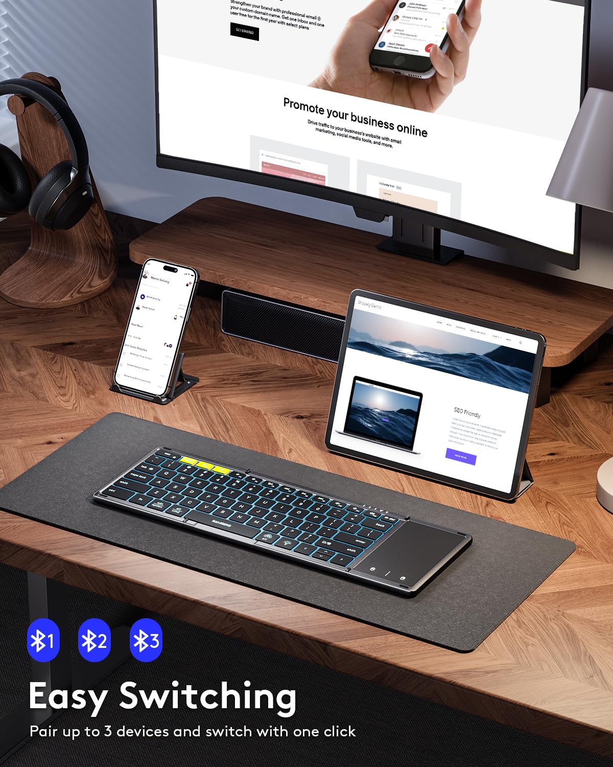 Samsers Foldable Bluetooth Keyboard with Touchpad, Full-Size Wireless Folding Keyboard with Backlight, Portable Travel Keyboard for iOS Android Windows Mac OS, Support 3 Device(BT5.1 x 3), Gray