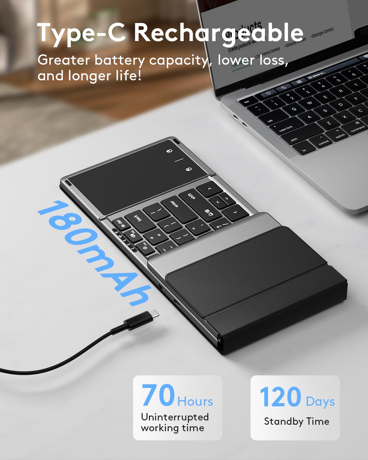 Teclado Bluetooth plegable Samsers con panel táctil, teclado inalámbrico plegable de tamaño completo con cuero sintético, teclado de viaje portátil para iOS, Android, Windows y Mac OS, compatible con 3 dispositivos (BT5.1 x 3)