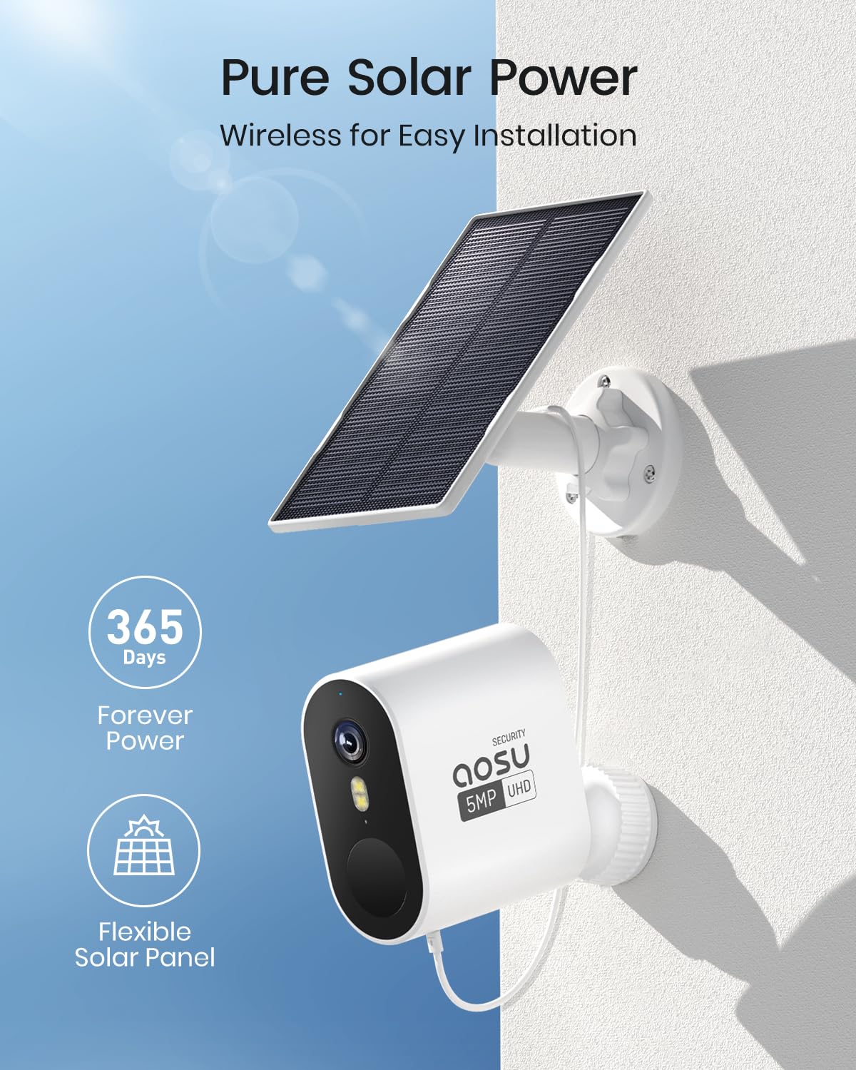 AOSU 3K/5MP Solar Security Cameras Wireless Outdoor, Ultra-Wide-Angle, Cam-to-Cam Track & Sync, Home Security System with Color Night Vision, Spotlight Smart Alarm, No Subscription, 2.4G & 5G WiFi
