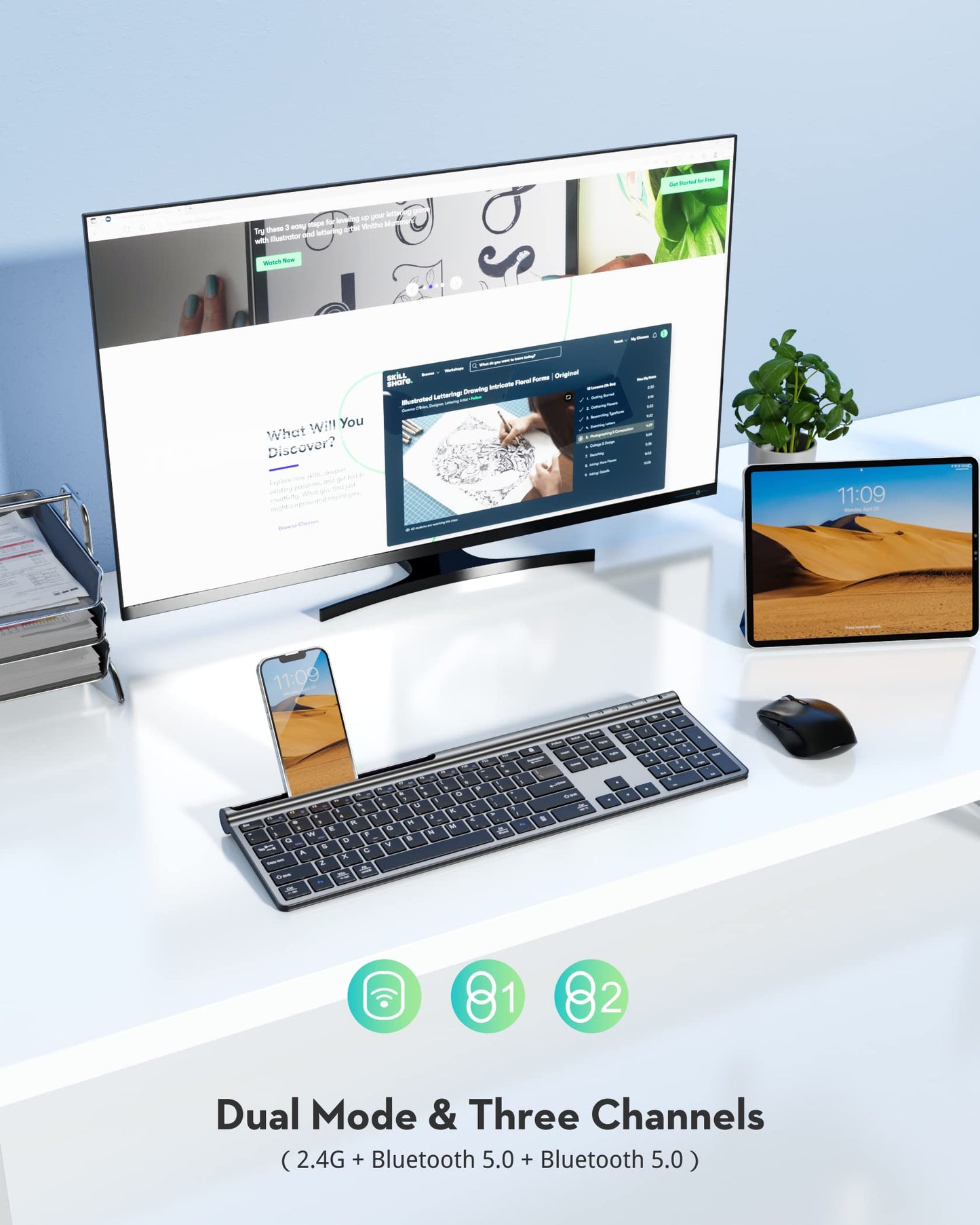 Combo de teclado y mouse inalámbricos Samsers, ultradelgados, recargables, de modo dual (Bluetooth 5.0x2 + 2.4G), silenciosos, diseño compacto de tamaño completo para múltiples dispositivos, compatible con MacOS/iOS/Android/Windows.