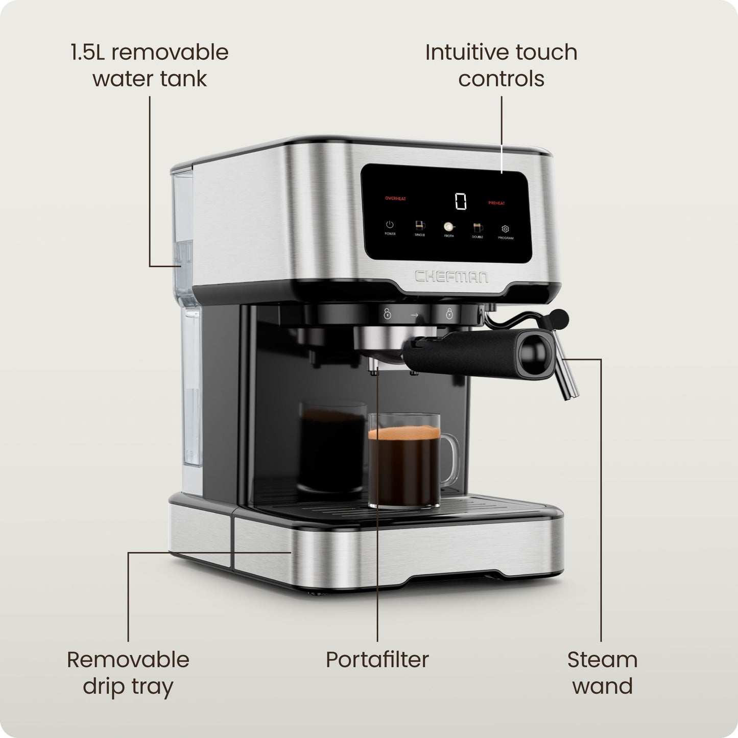 Chefman CraftBrew Espresso Machine, 15 Bar Pump Digital Coffee Maker with Steam Rod for Lattes and Cappuccino, Compact with 1.8L Removable Water Tank - Stainless Steel
