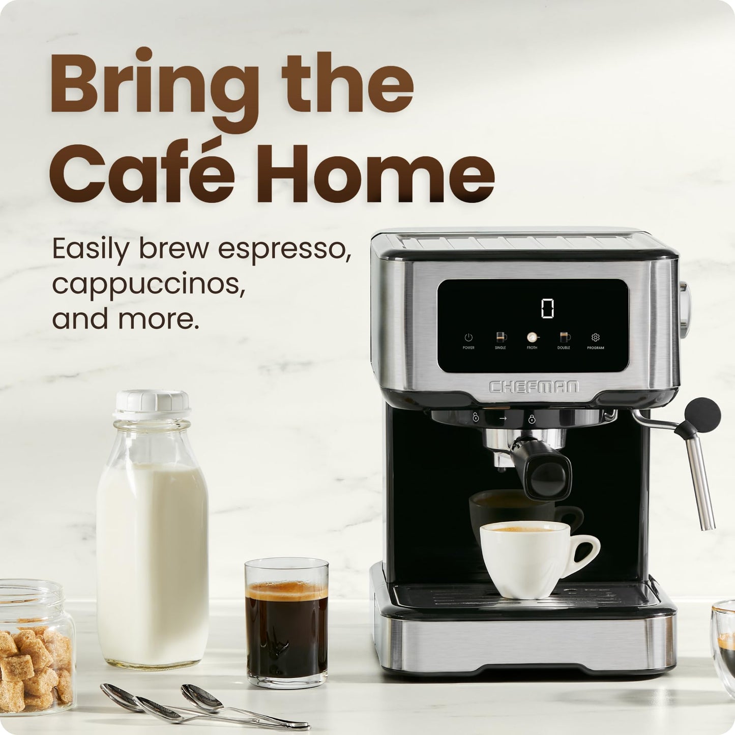 Chefman CraftBrew Espresso Machine, 15 Bar Pump Digital Coffee Maker with Steam Rod for Lattes and Cappuccino, Compact with 1.8L Removable Water Tank - Stainless Steel