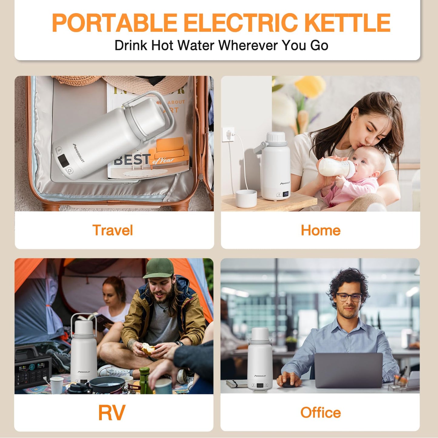 Travel Electric Kettle, 1L/35oz Portable Electric Kettle with Temperature Control, Hot Water Boiler Bottle for Tea Coffee, 304 Stainless Steel, Gift for Family Friend