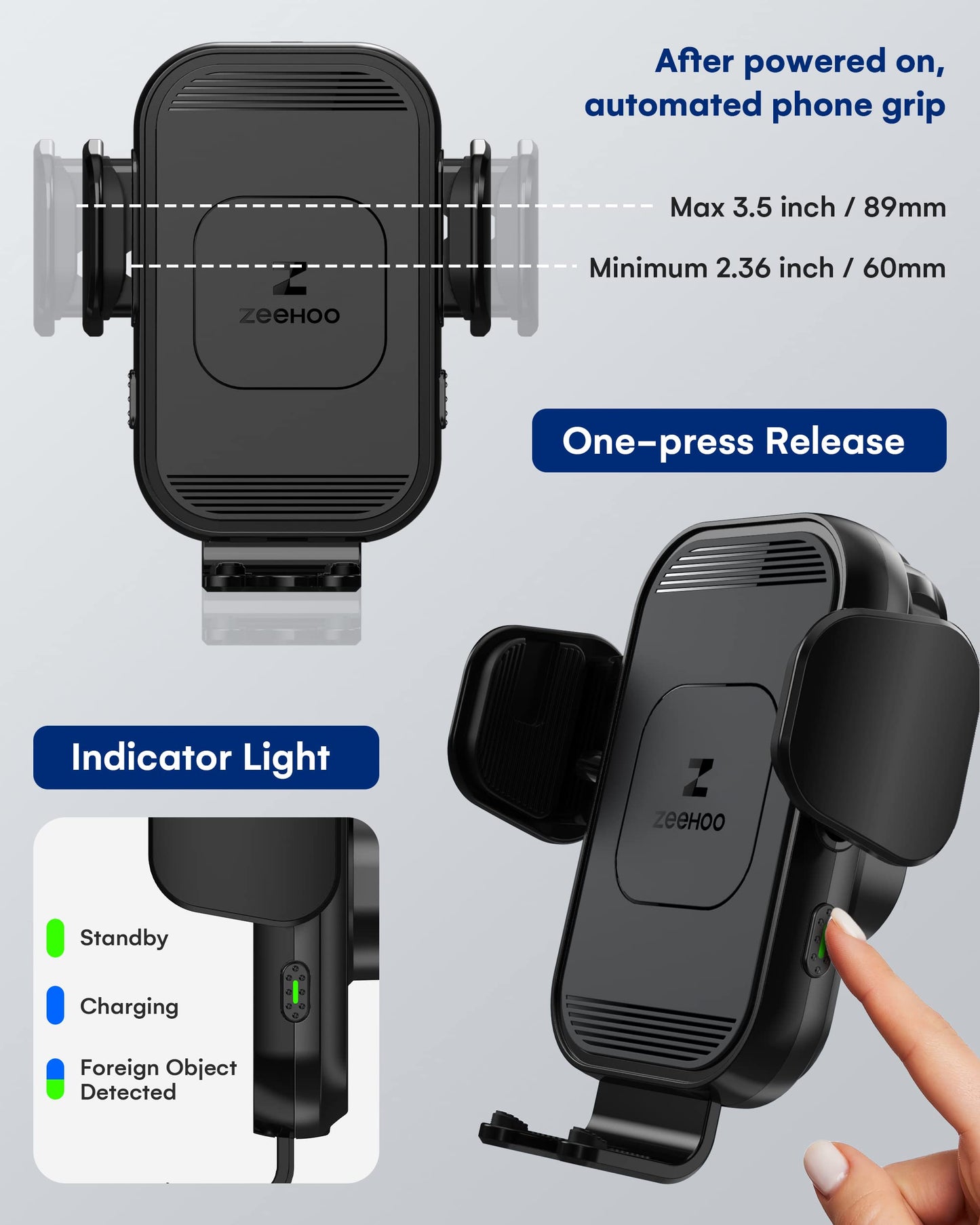 Cargador inalámbrico para coche ZeeHoo, carga rápida de 15 W, soporte para teléfono con sujeción automática, compatible con iPhone 15, 14, 13, 12, 11 Pro Max, Xs, etc. (negro)
